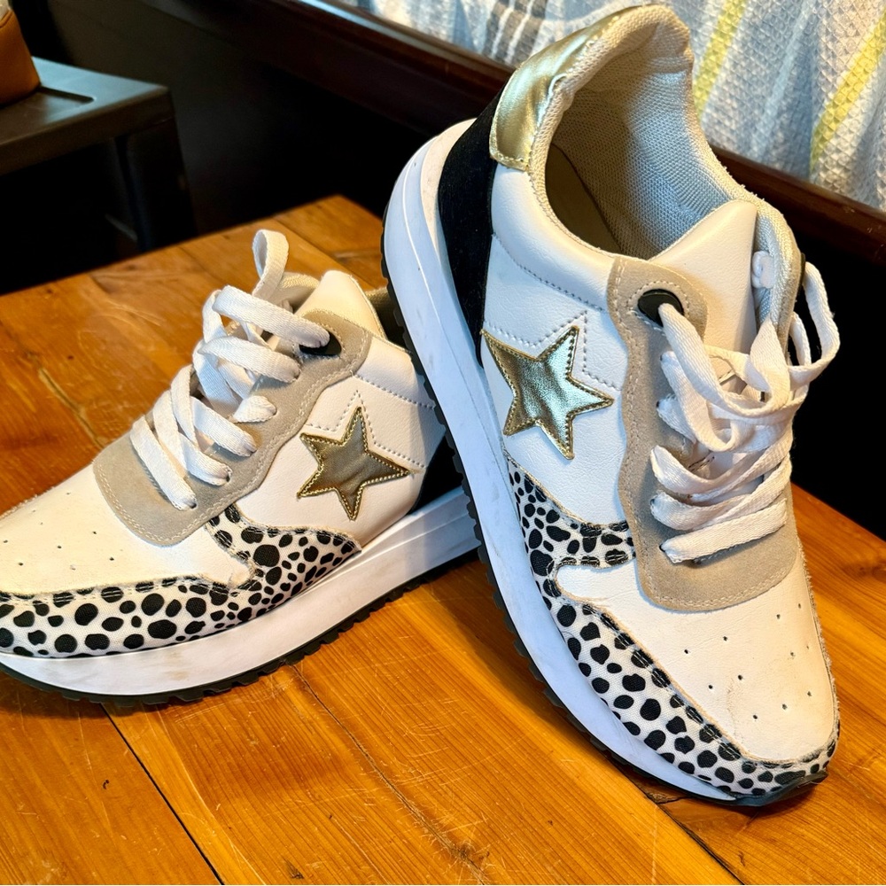 White and Gold Star Sneakers with Animal Print